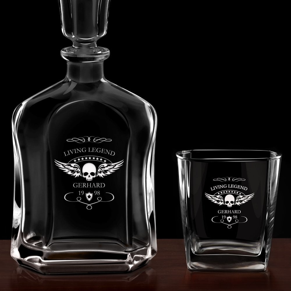 Whisky Karaffe Set mit 4 Gläsern und Gravur für einen Motorradfahrer