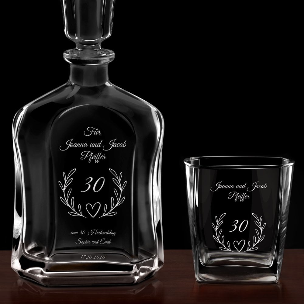 Whisky Karaffe Set mit 4 Gläsern und Gravur für ein Paar zum 30. Hochzeitsjubiläum