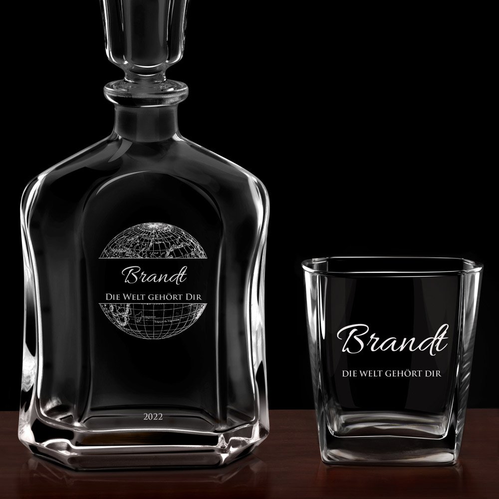 Whisky Karaffe mit 2 Gläsern und Gravur für einen Reisenden zum 18. Geburtstag