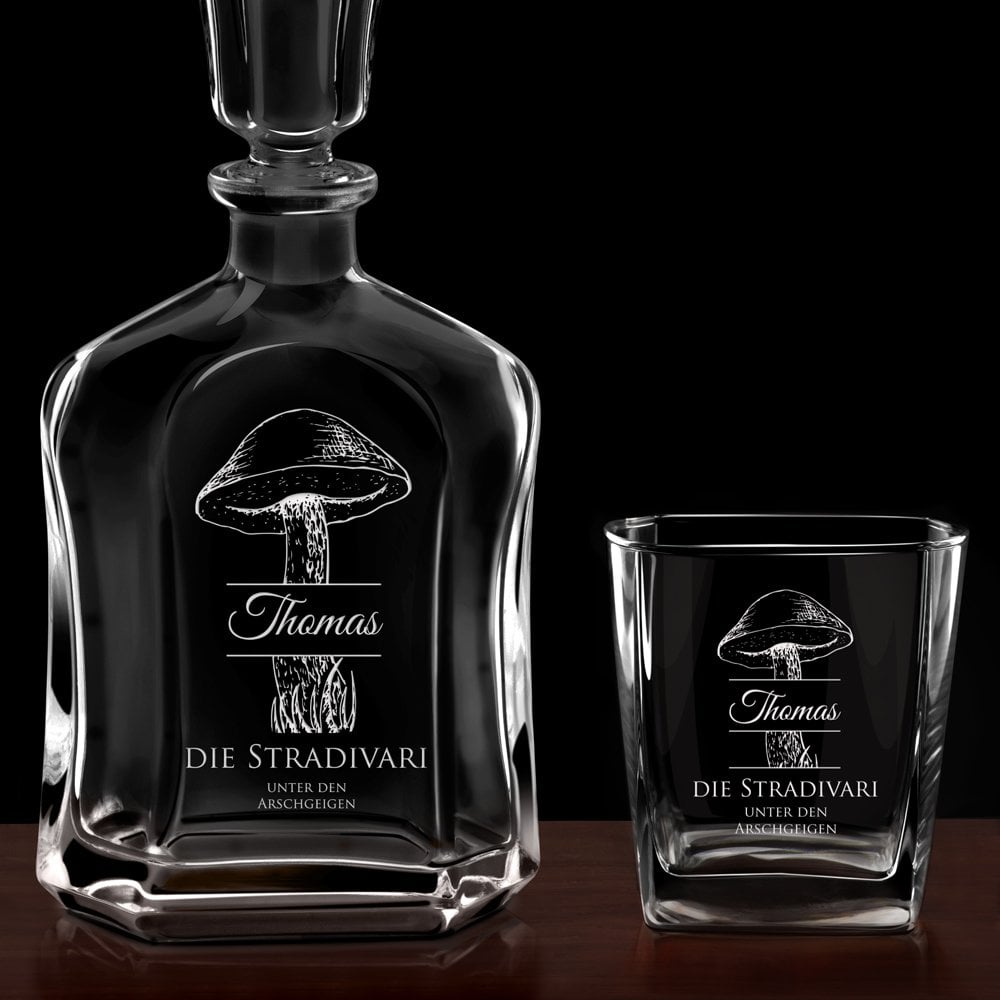 Whisky Karaffe mit 2 Gläsern und Gravur für einen Pilzsammler
