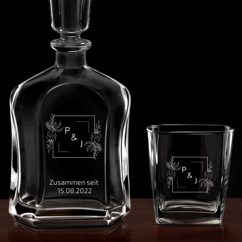 Whisky Karaffe mit 2 Gläsern und Gravur für ein Paar zur Hochzeit oder zum Hochzeitsjubiläum
