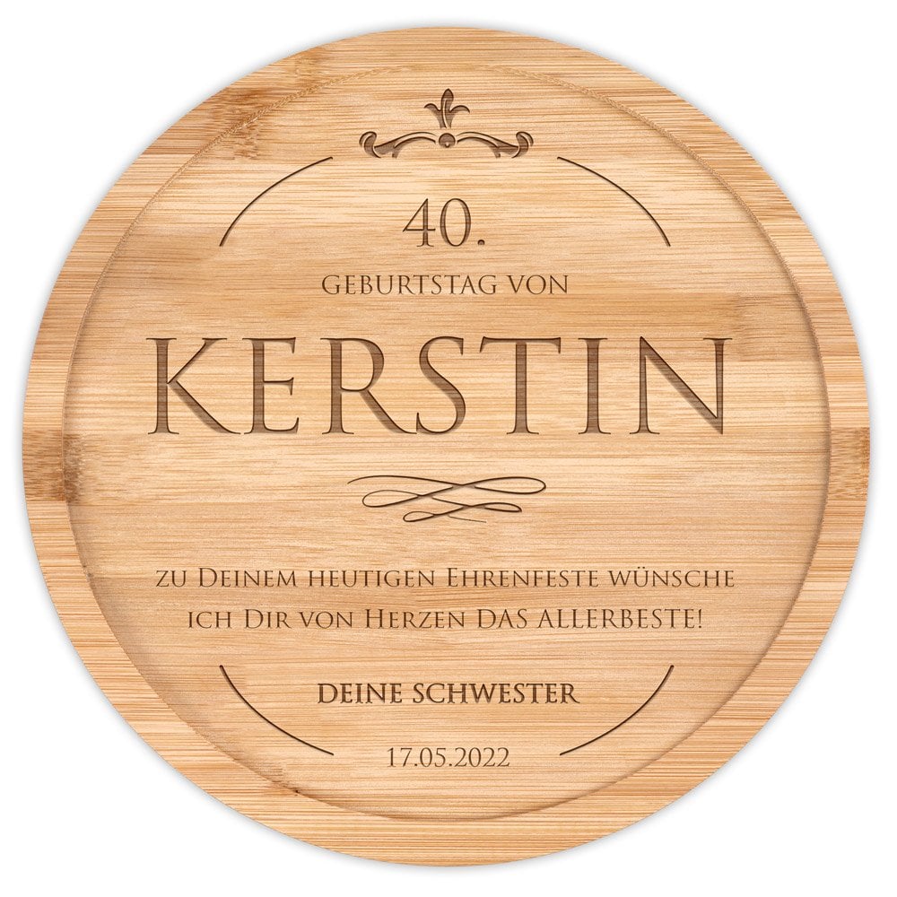 Rundes Käsebrett aus Holz mit Gravur für Ihre Mutter zum 40. Geburtstag
