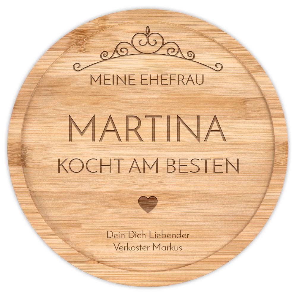 Runde Servierplatte aus Holz mit Gravur für Ihre Ehefrau