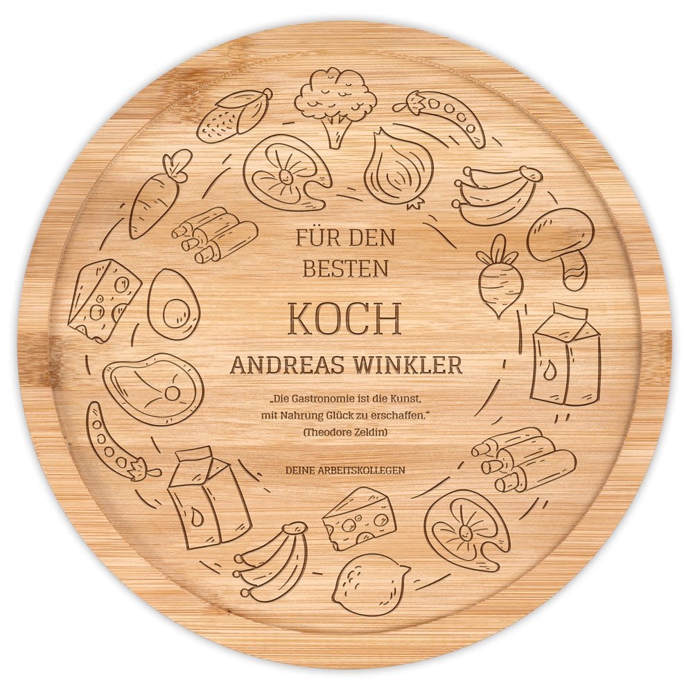 Rundes Käsebrett aus Holz mit Gravur für einen Koch, Arbeitskollegen