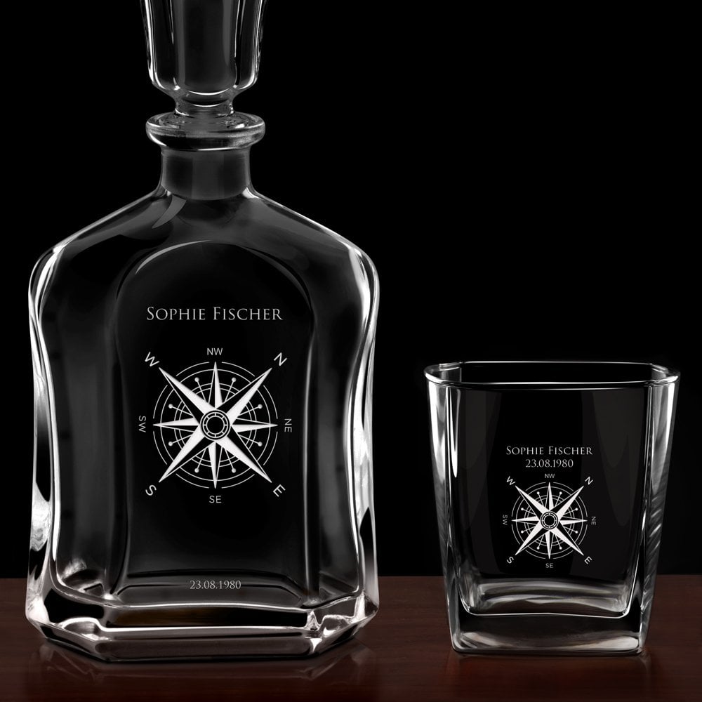 Whisky Karaffe Set mit 6 Gläsern und Gravur für eine Weltreisende zum Geburtstag