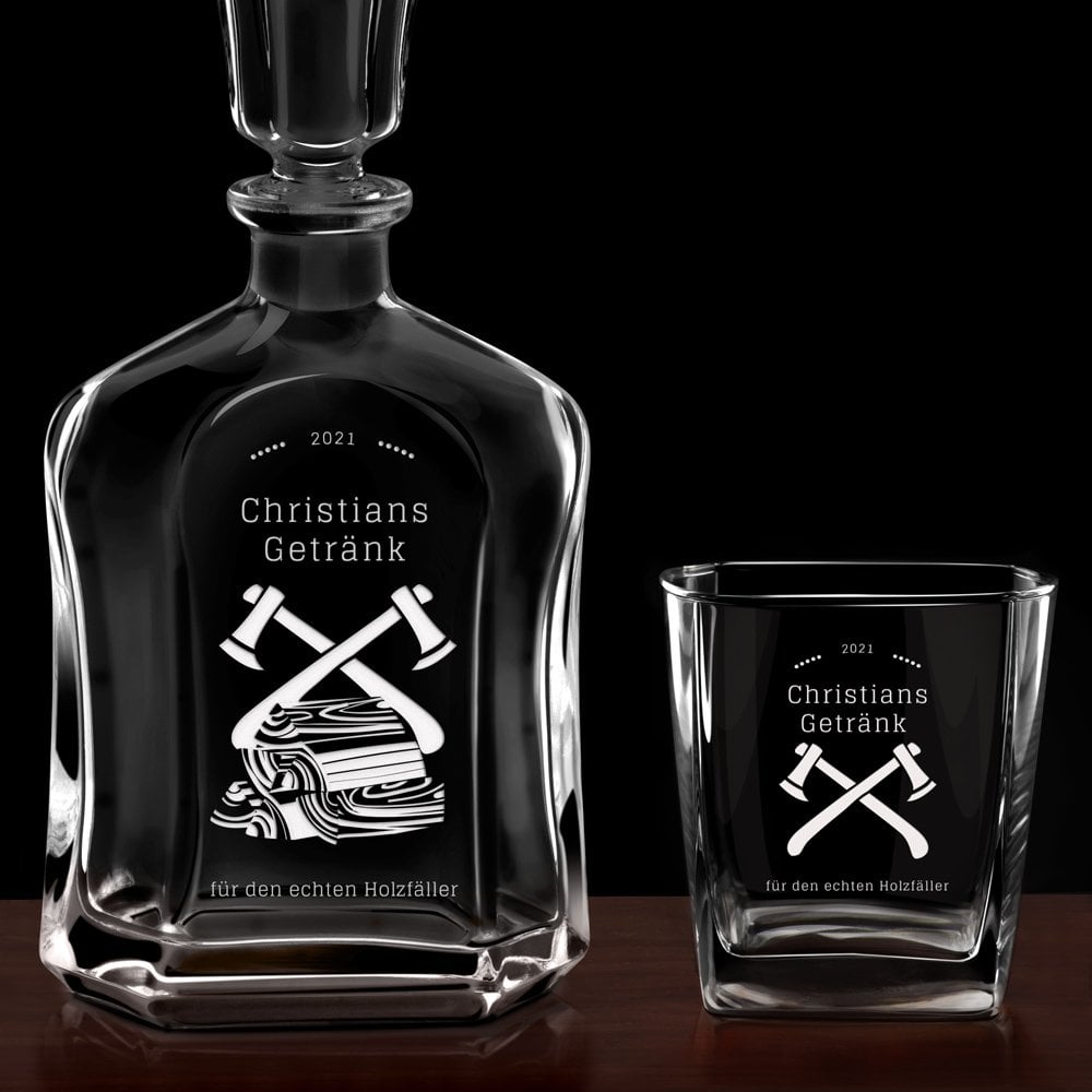 Whisky Karaffe Set mit 6 Gläsern und Gravur für einen Holzfäller