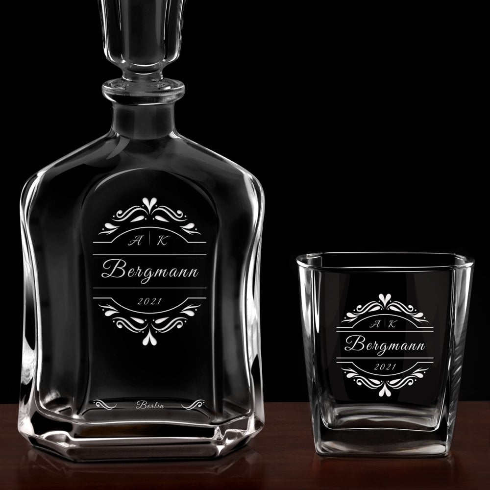 Whisky Karaffe Set mit 6 Gläsern und eingravierter Widmung für ein Paar zur Hochzeit oder zum Hochzeitstag