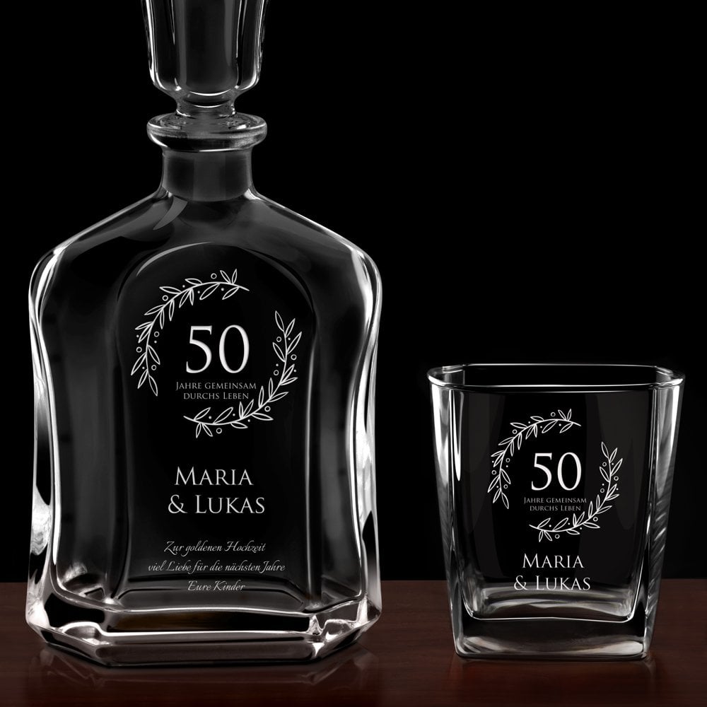 Whisky Karaffe Set mit 6 Gläsern und Gravur für ein Paar zum 50. Hochzeitstag