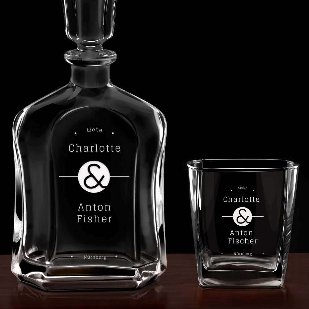 Whisky Karaffe Set mit 6 Gläsern und eingravierter Widmung für ein Paar zur Hochzeit oder zum Hochzeitsjubiläum