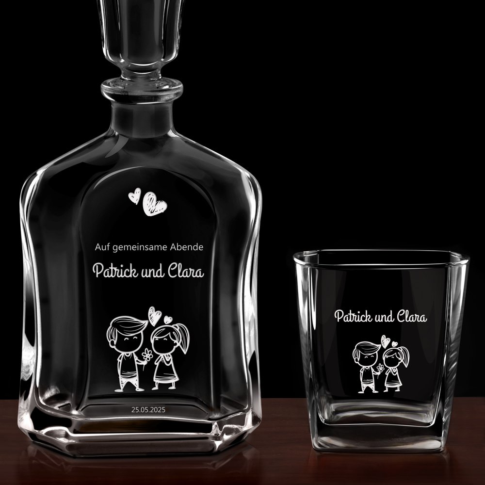 Whisky Karaffe Set mit 6 Gläsern und Gravur für ein Paar zur Hochzeit, zum Hochzeitstag oder Valentinstag