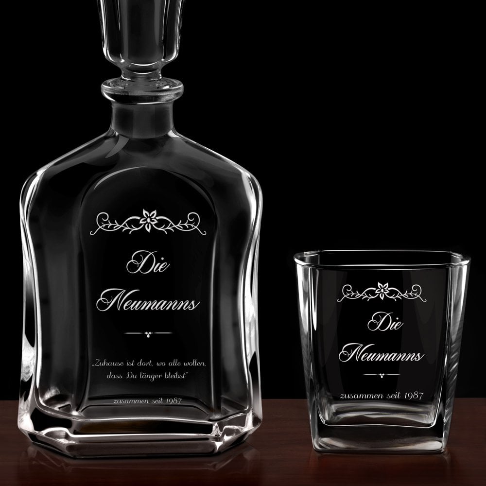 Whisky Karaffe Set mit 6 Gläsern und Gravur für ein Paar zum Hochzeitstag, zur Hochzeit oder Einweihungsparty
