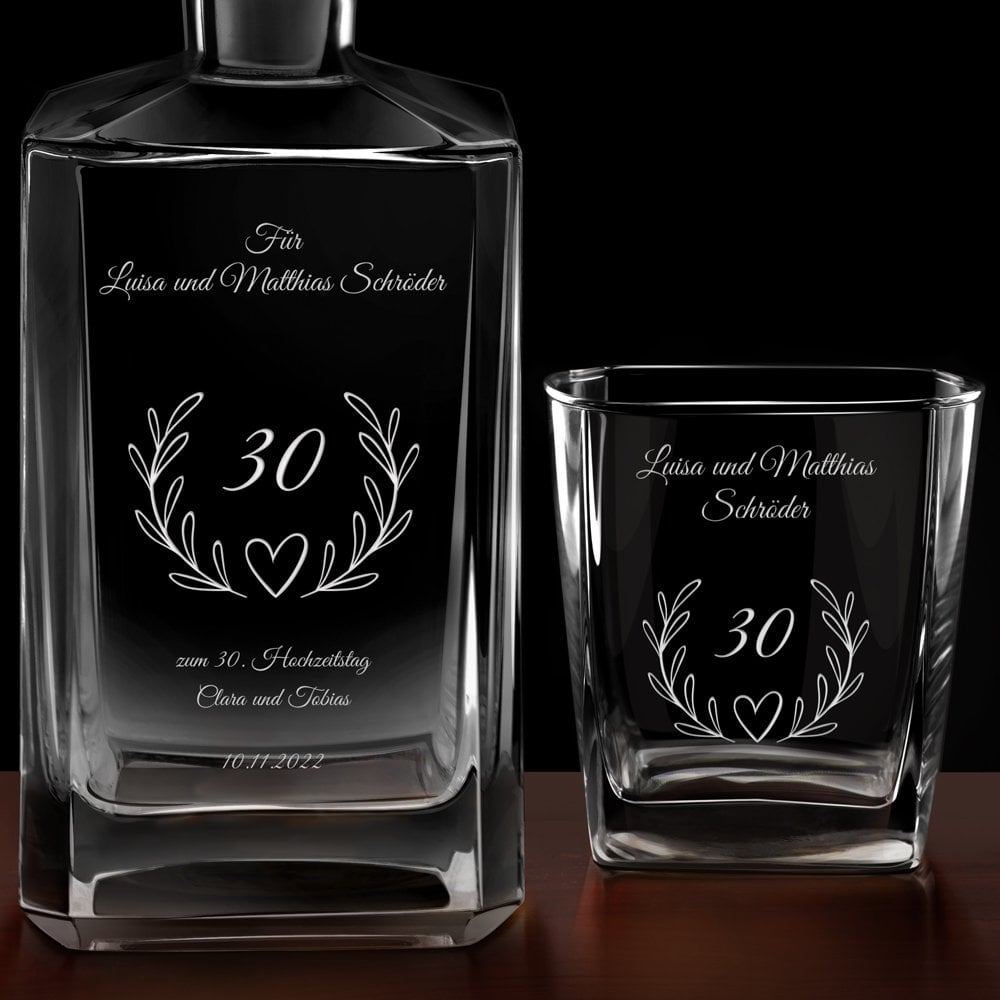 Bourbon Karaffe Set mit 6 Gläsern und Gravur für ein Ehepaar zum 30. Hochzeitstag
