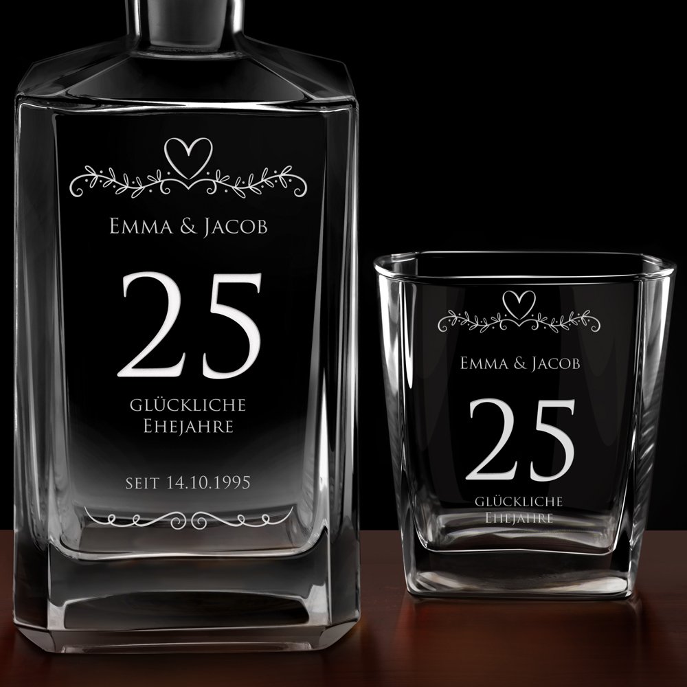 Bourbon Karaffe Set mit 6 Gläsern und Gravur für ein Ehepaar zum 20. Hochzeitstag