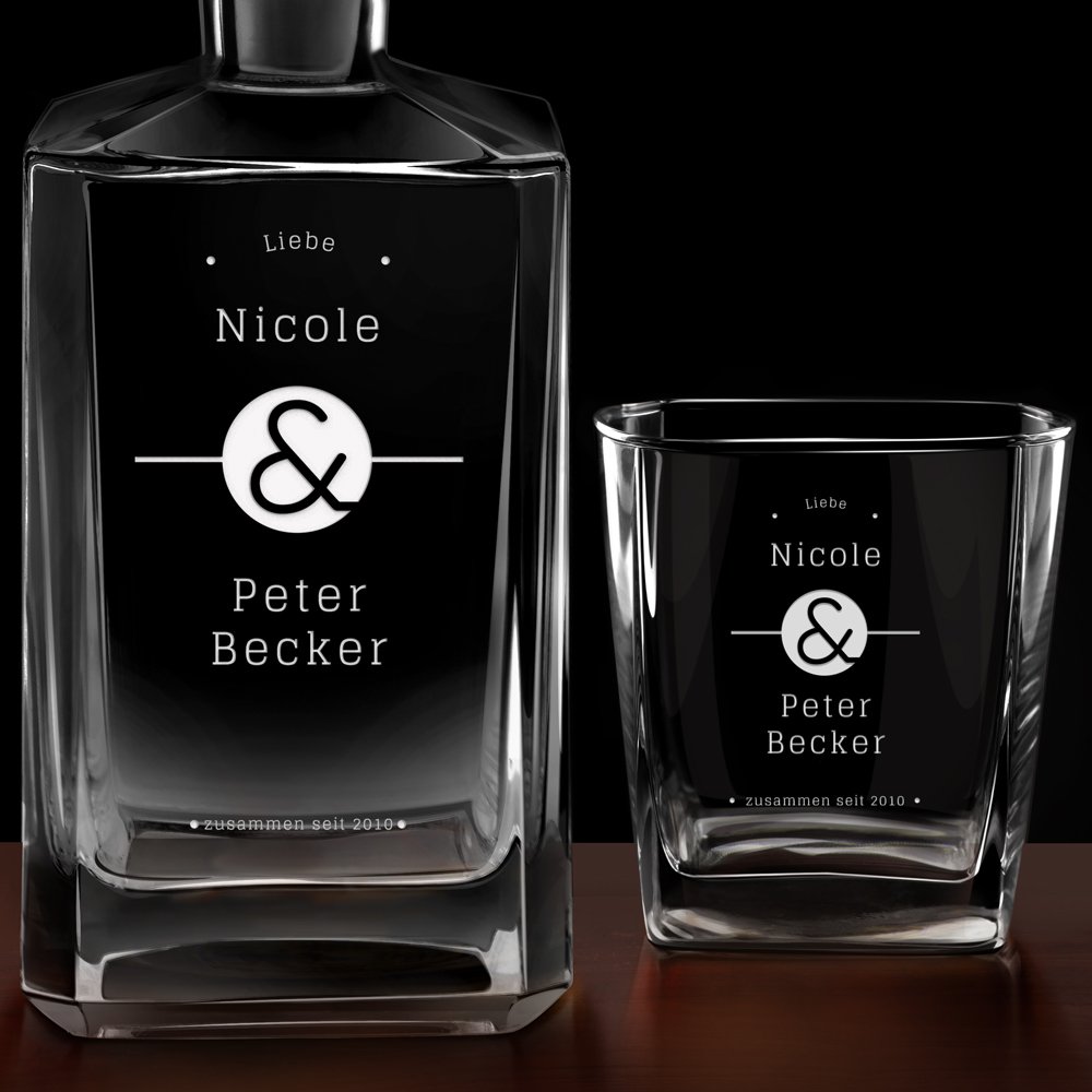 Bourbon Karaffe Set mit 6 Gläsern und Gravur für ein Ehepaar zum Hochzeitstag