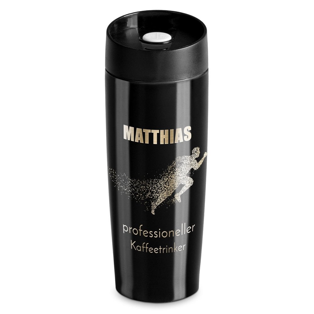 Luftdichter Thermobecher mit Gravur Schwarz für Ihren Liebsten Jogger Sportler