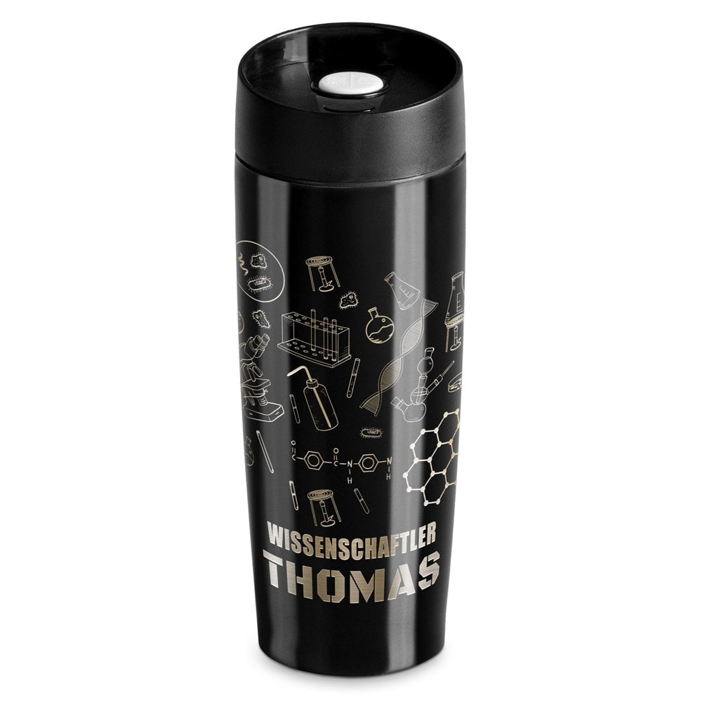 Luftdichter Thermobecher mit Gravur Schwarz für einen Ingenieur Chemiker zum Geburtstag