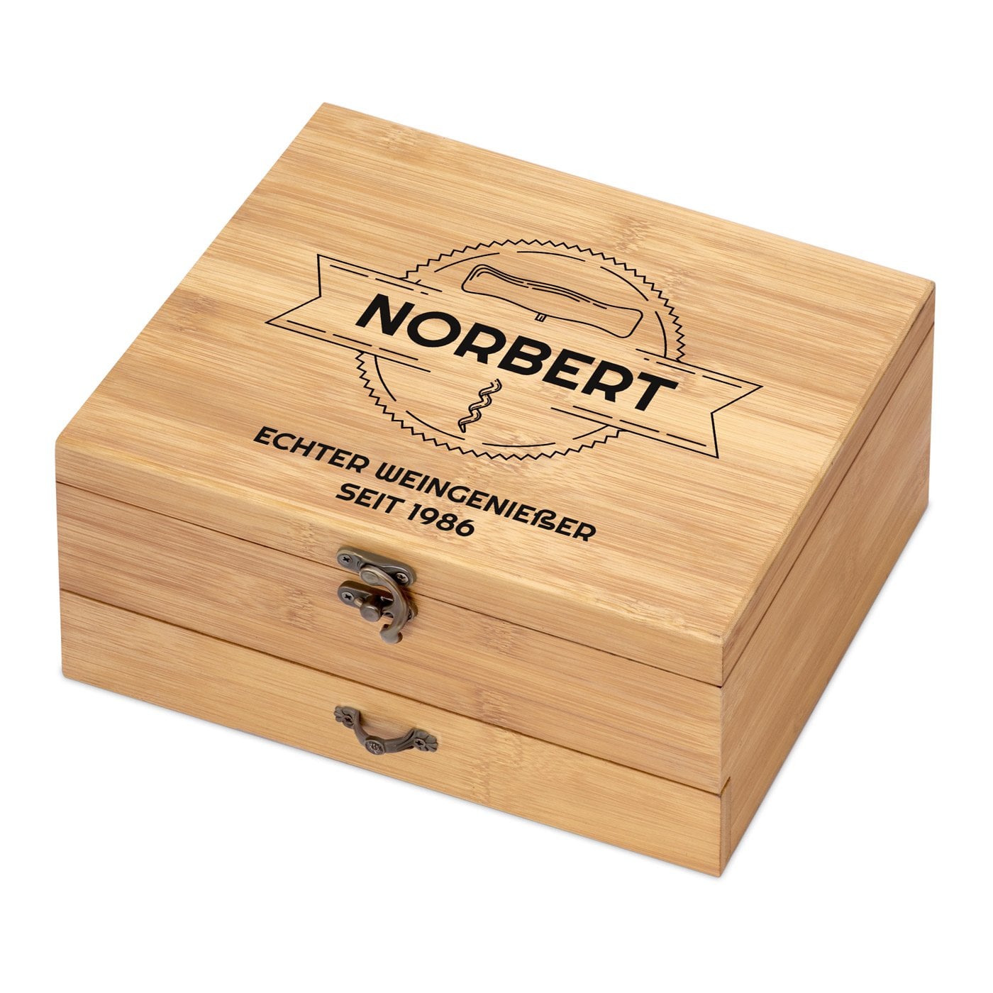 8er Weinzubehör-Set mit Schublade und Aufdruck für einen Weingenießer