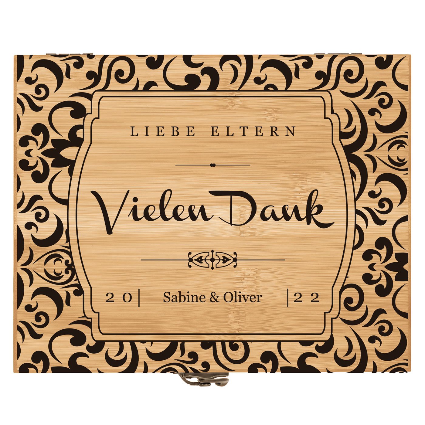 8er Weinzubehör-Set mit Schublade und Aufdruck für Ihre Eltern als Dankeschön