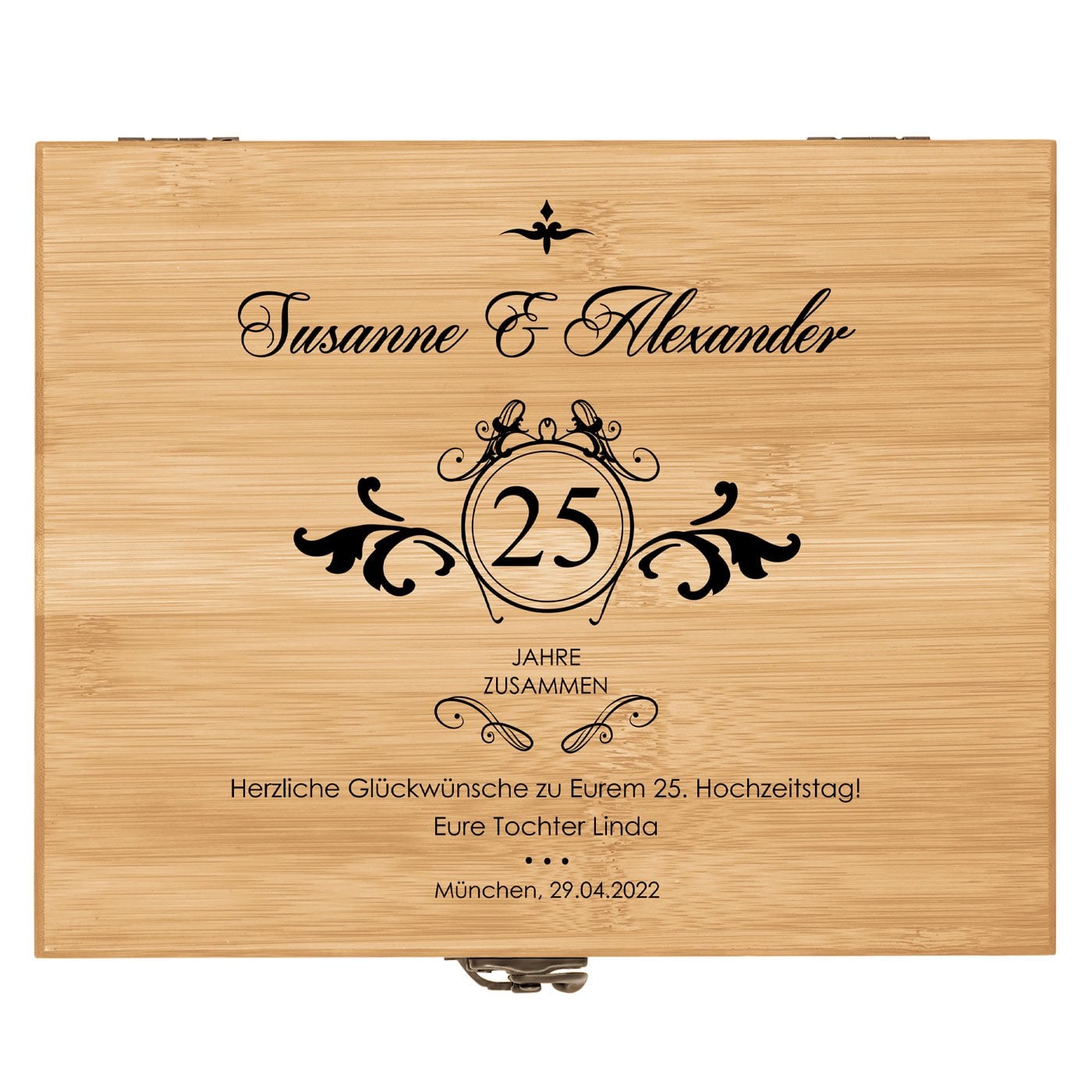8er Weinzubehör-Set mit Schublade und Aufdruck für ein Paar zum 25. Hochzeitstag