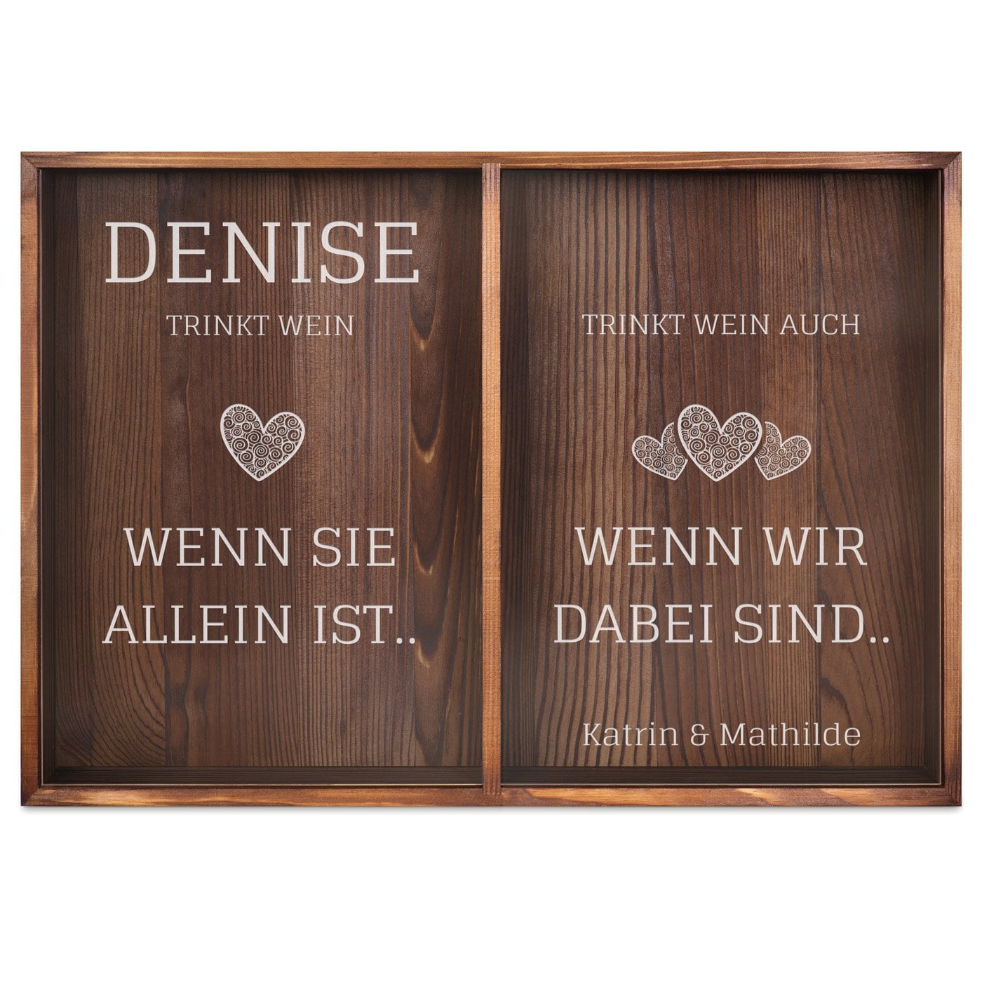 Kron- und Weinkorkensammler aus Holz mit Gravur für eine Freundin