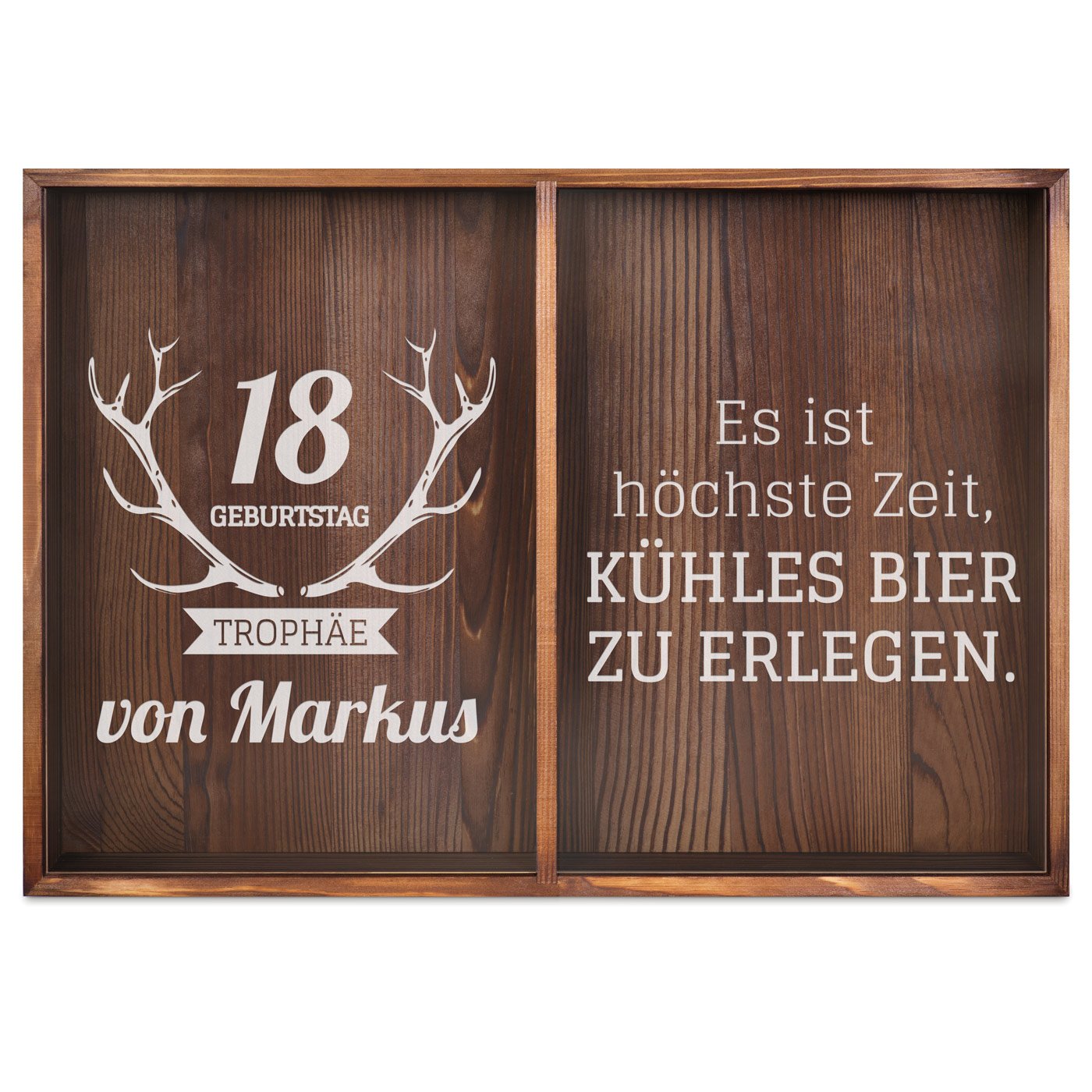 Kron- und Weinkorkensammler aus Holz mit Gravur für einen Bierliebhaber-Jäger zum 18. Geburtstag