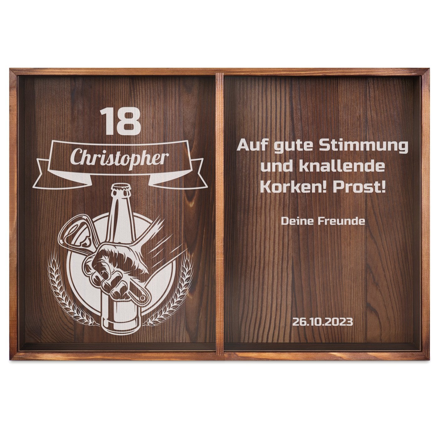 Kron- und Weinkorkensammler aus Holz mit Gravur für einen Freund zum 18. Geburtstag