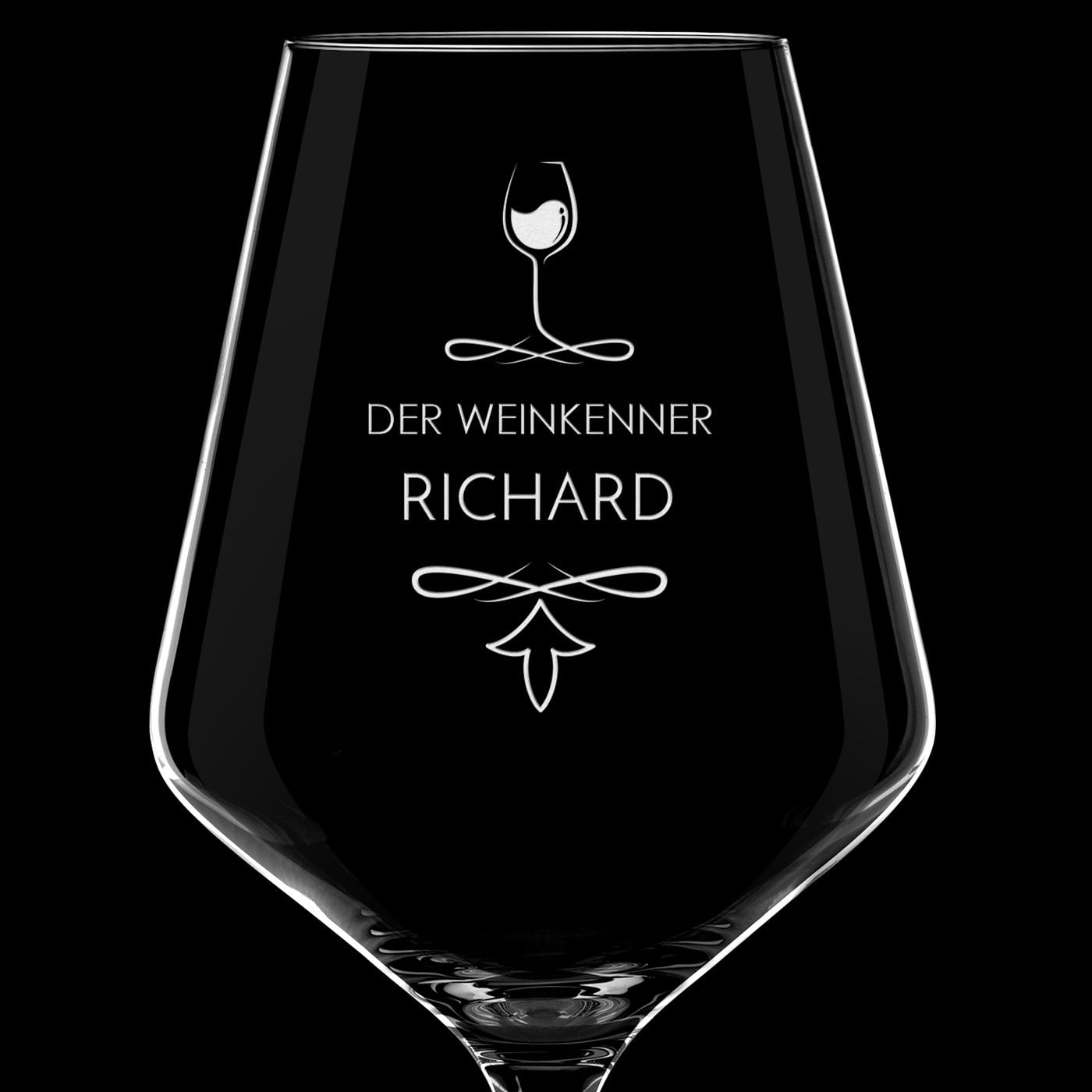 Avant-Garde Weinglas mit Gravur für einen Sommelier Weinkenner