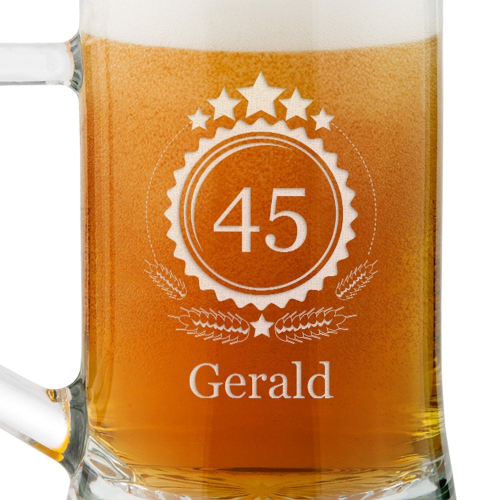 Bierkrug aus Glas mit Gravur für ihn zum 45. Geburtstag