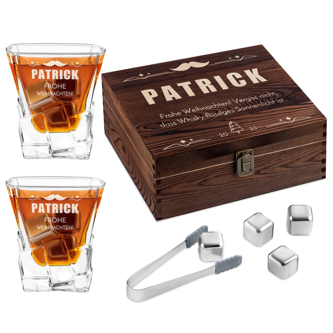 Whisky Steine Set in Holzbox mit 2 Gläsern und Gravur für einen Gentleman zu Weihnachten
