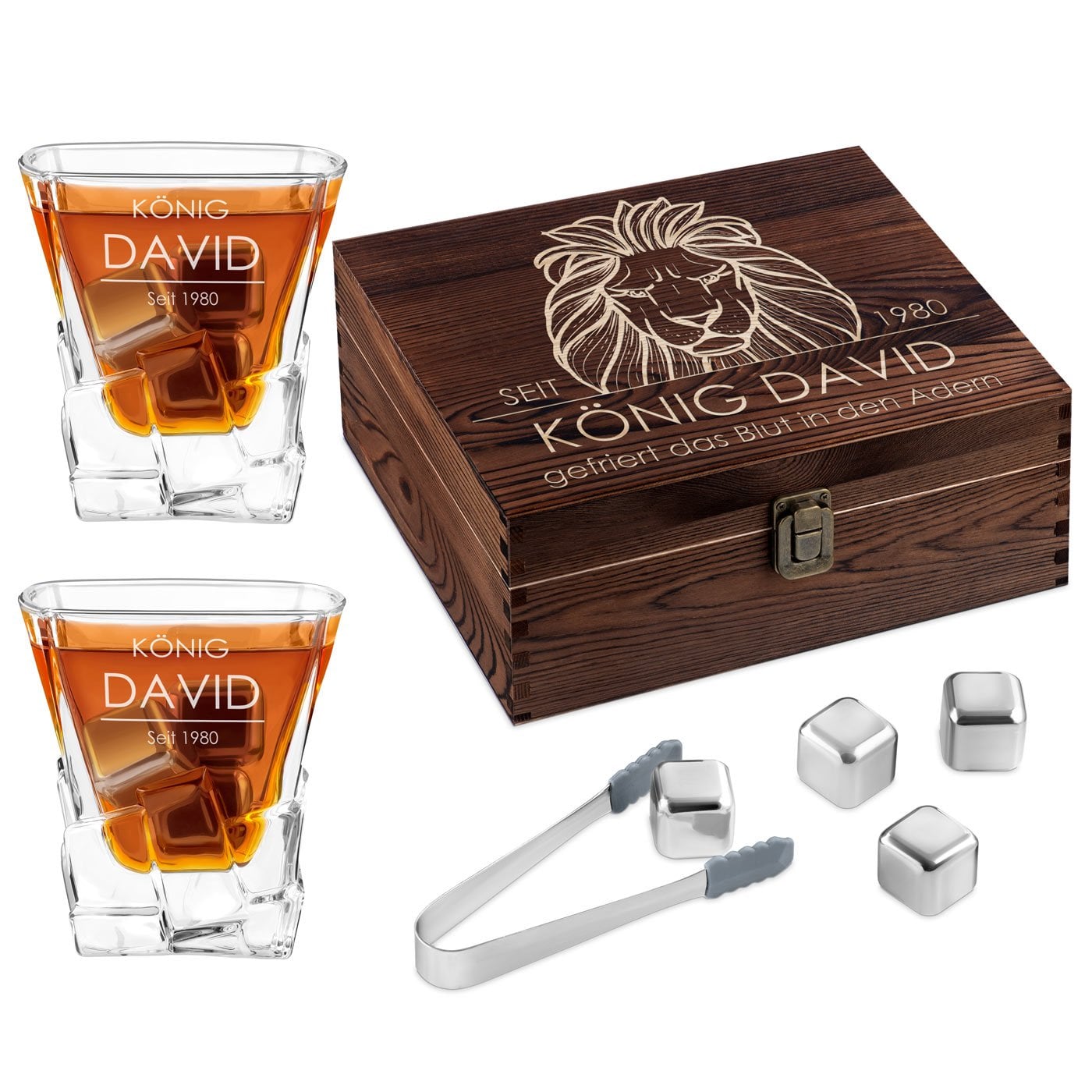 Whisky Steine Set in Holzbox mit 2 Gläsern und Gravur für ihn, einen Mann zum Geburtstag 