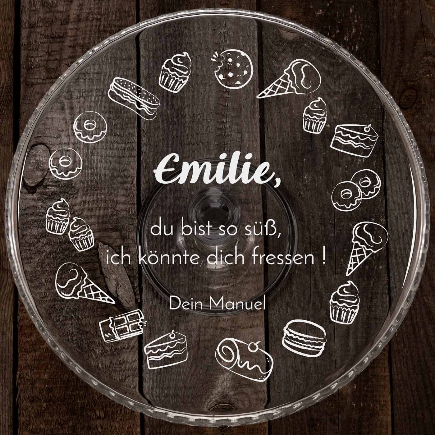 Kuchenplatte aus Glas mit Gravur für eine Freundin, Ehefrau