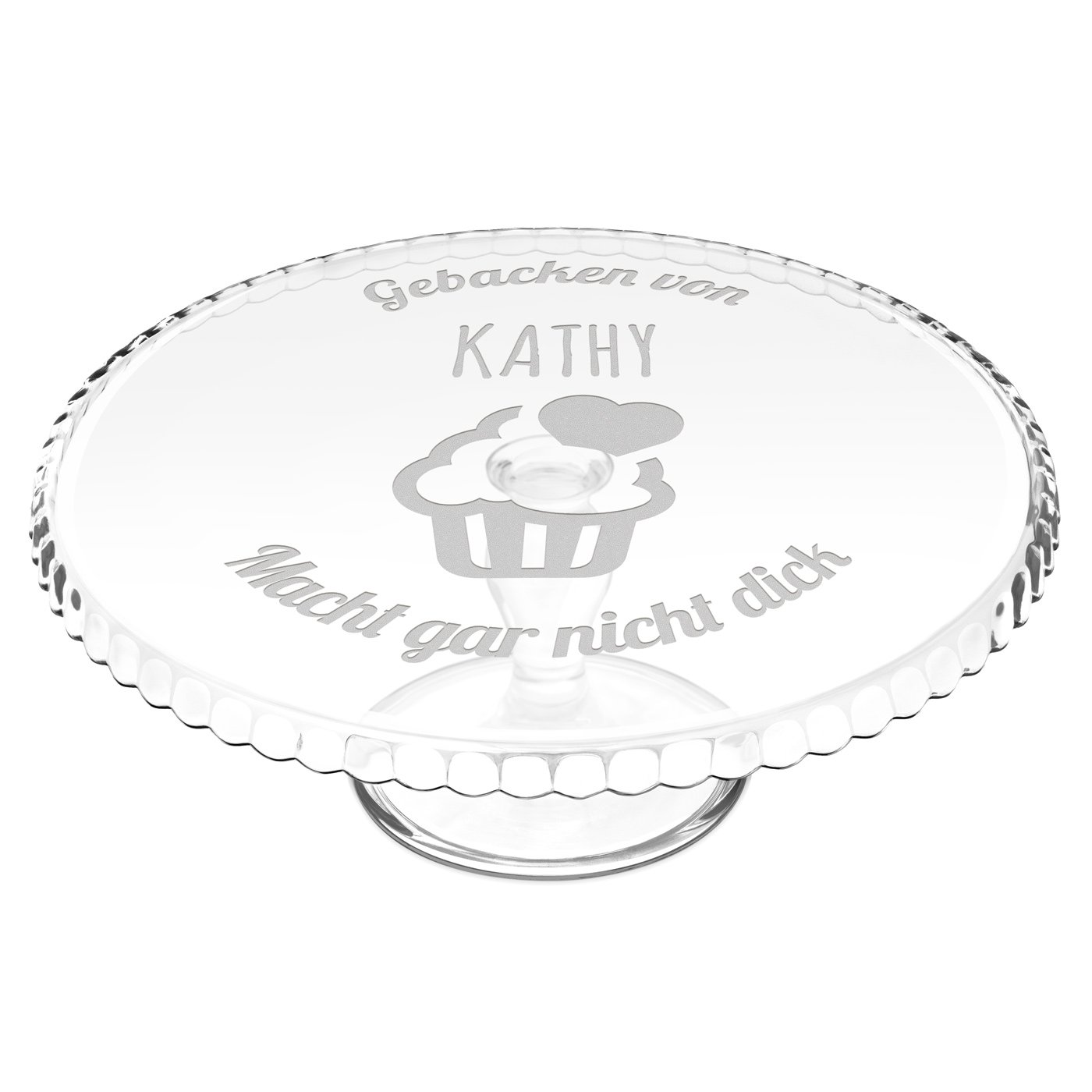 Kuchenplatte aus Glas mit Gravur für eine Konditorin