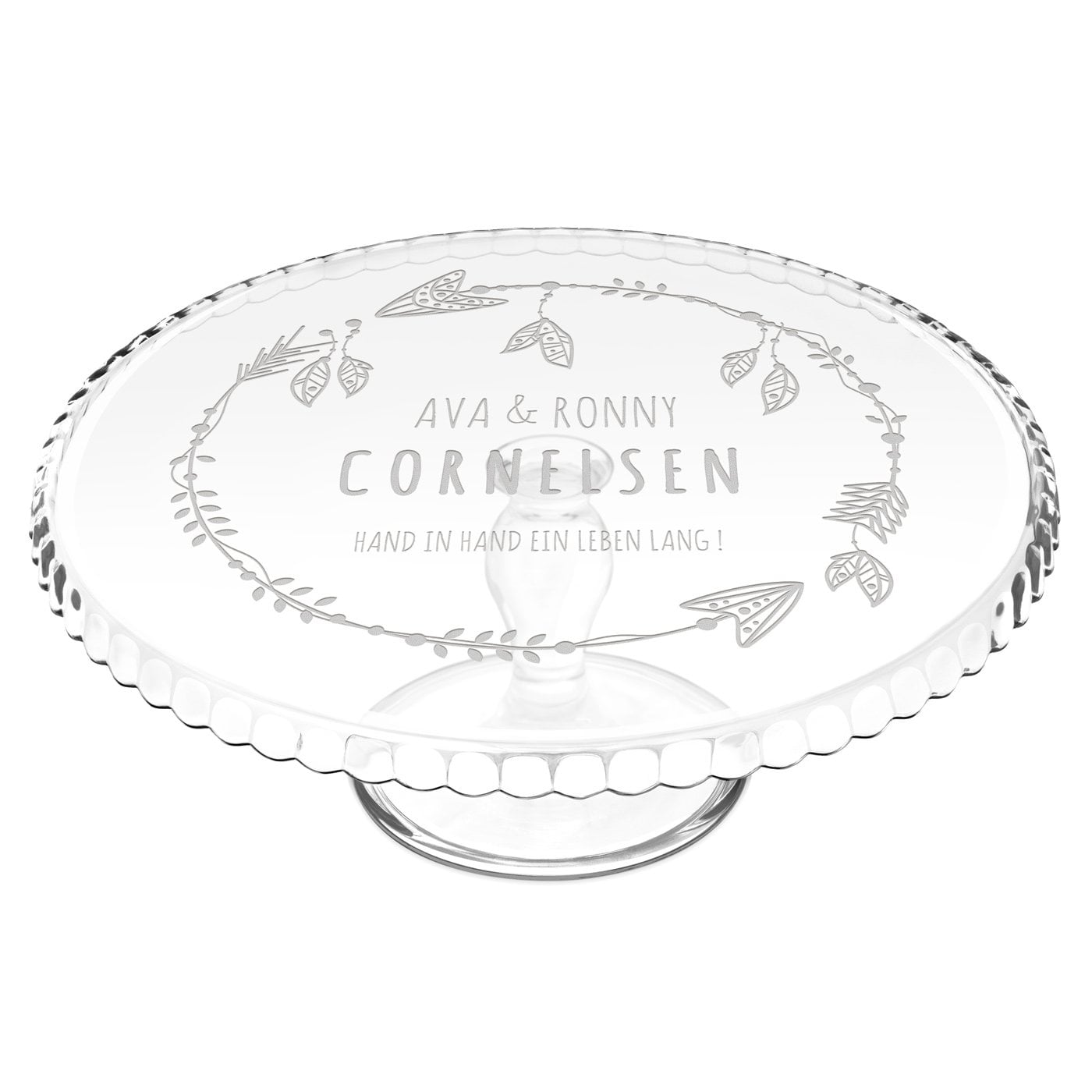 Kuchenplatte aus Glas mit Gravur für ein Paar zum Hochzeitstag