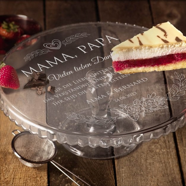 Kuchenplatte aus Glas mit Gravur für Eltern als Danksagung zur Hochzeit 