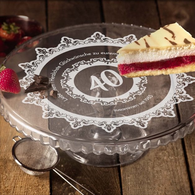 Kuchenplatte aus Glas mit Gravur für ein Ehepaar zum 40-jährigen Jubiläum
