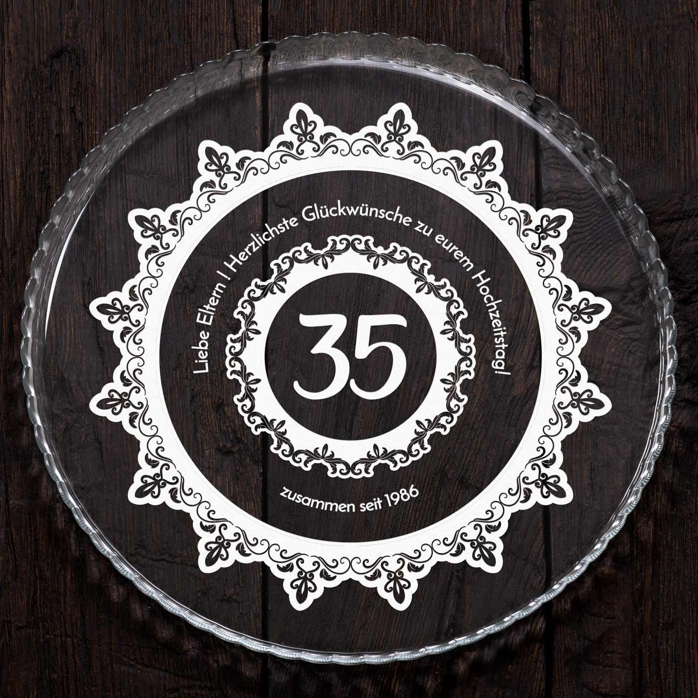 Glas Servierplatte mit Gravur für Torten und Kuchen für Eltern zum 40. Hochzeitstag
