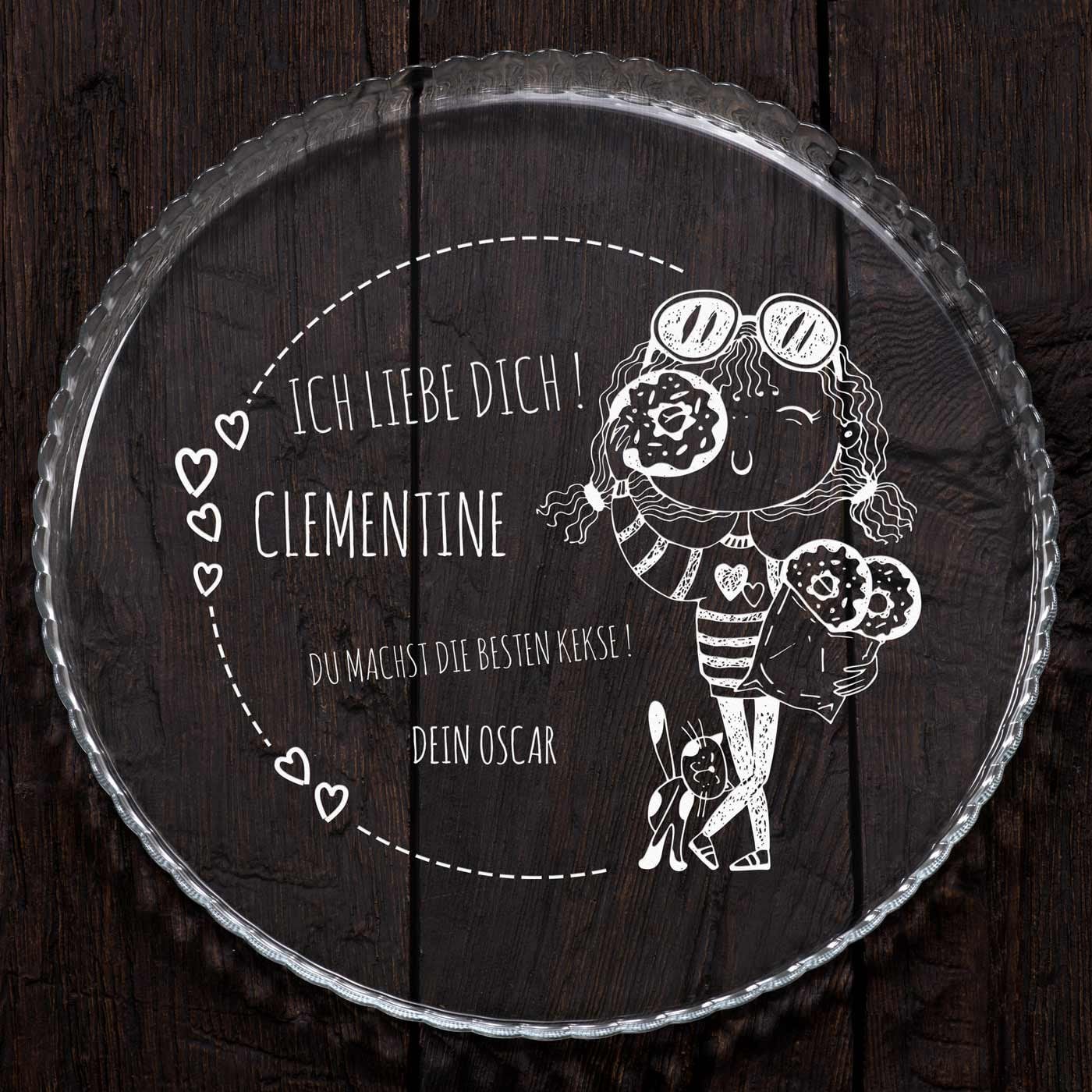 Glas Servierplatte mit Gravur für Torten und Kuchen für eine Katzenmama
