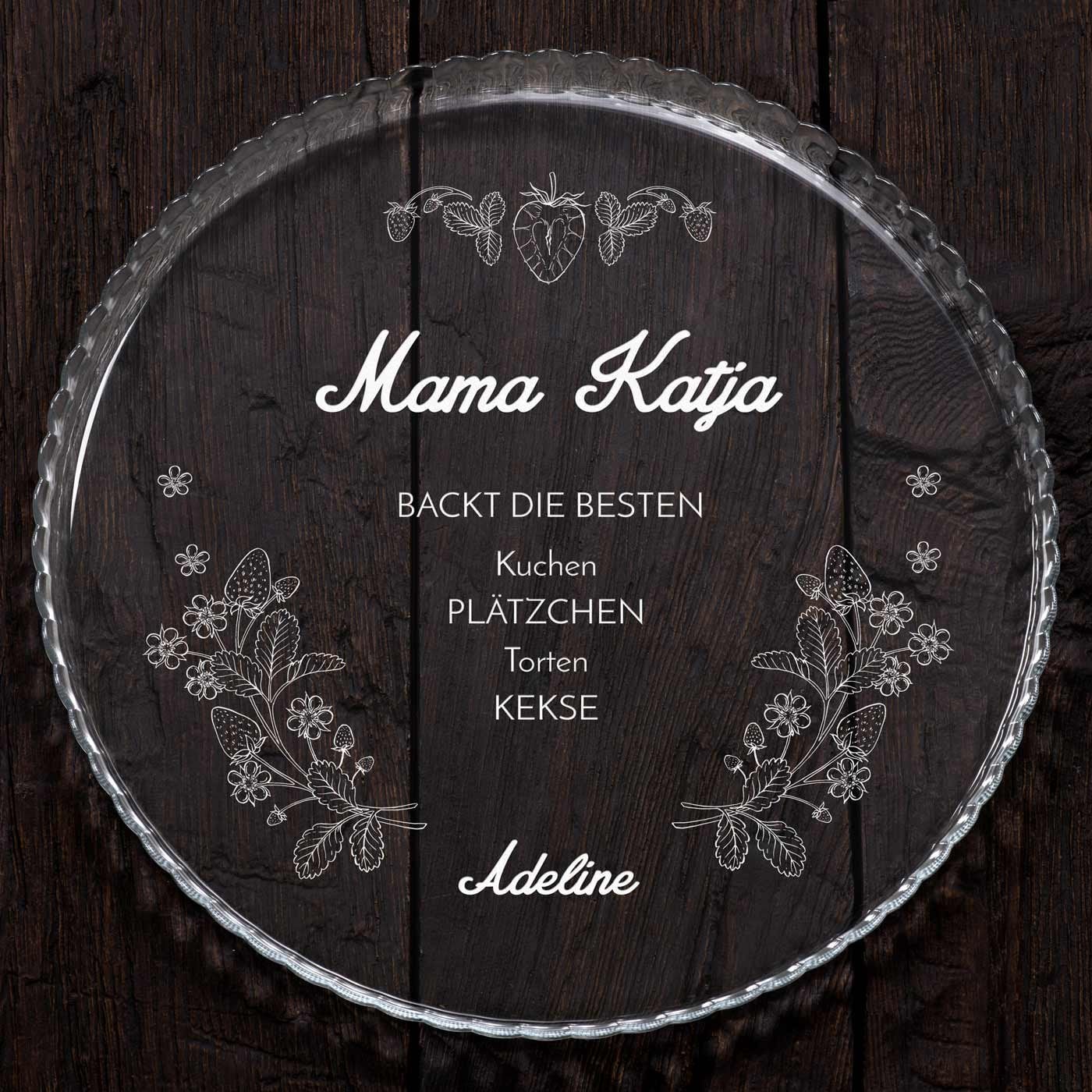 Glas Servierplatte mit Gravur für Torten und Kuchen für eine Mutti Konditorin