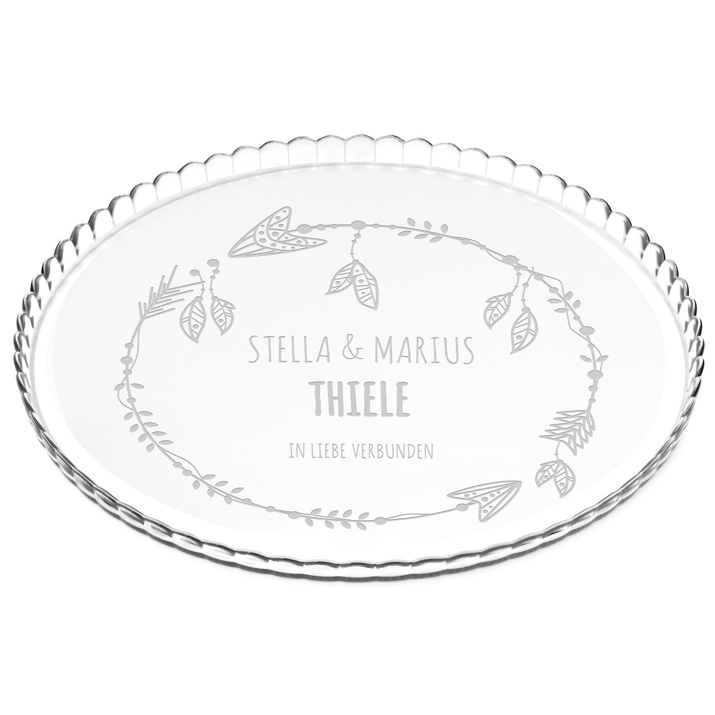 Glas Servierplatte mit Gravur für Torten und Kuchen für ein Paar