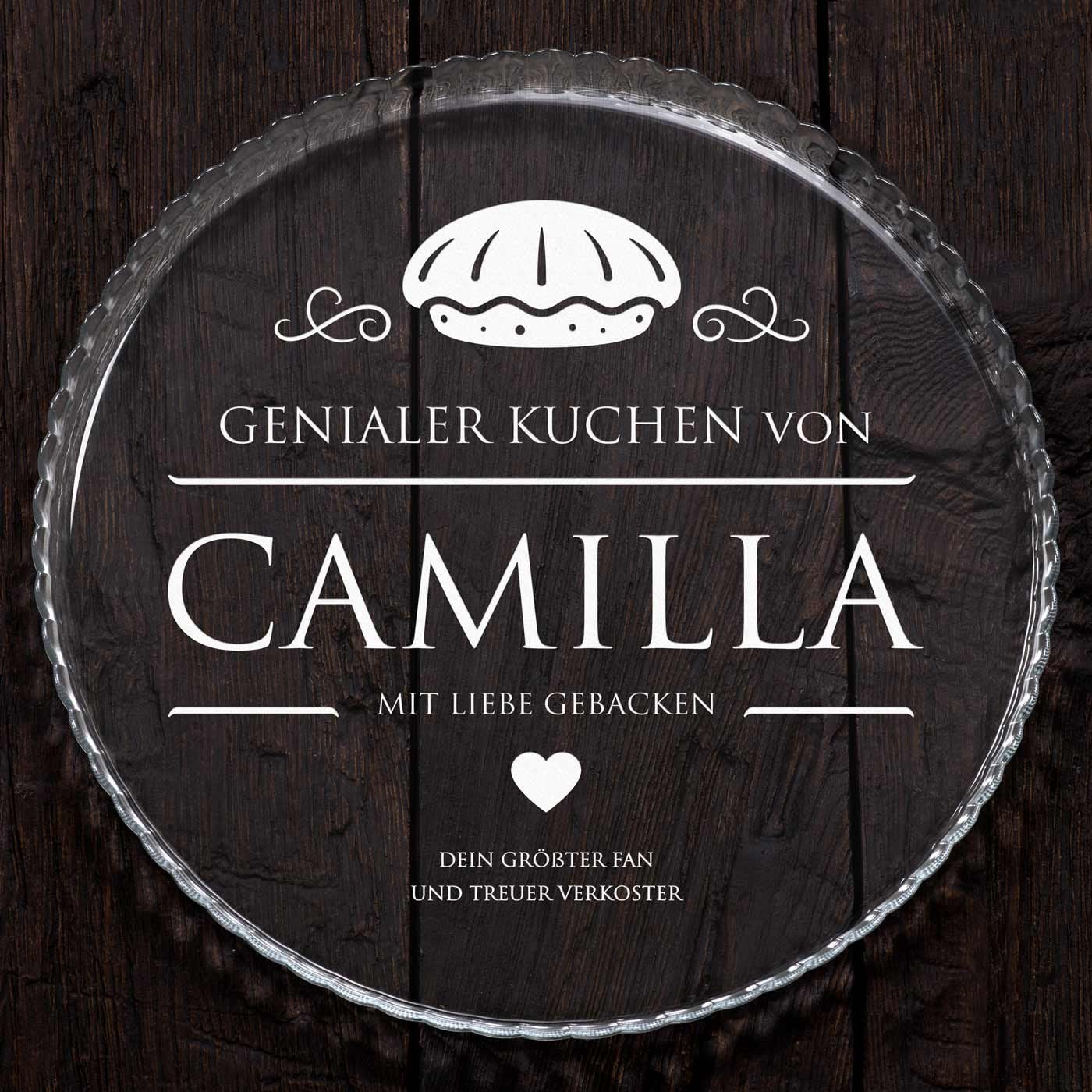 Glas Servierplatte mit Gravur für Torten und Kuchen für eine Frau