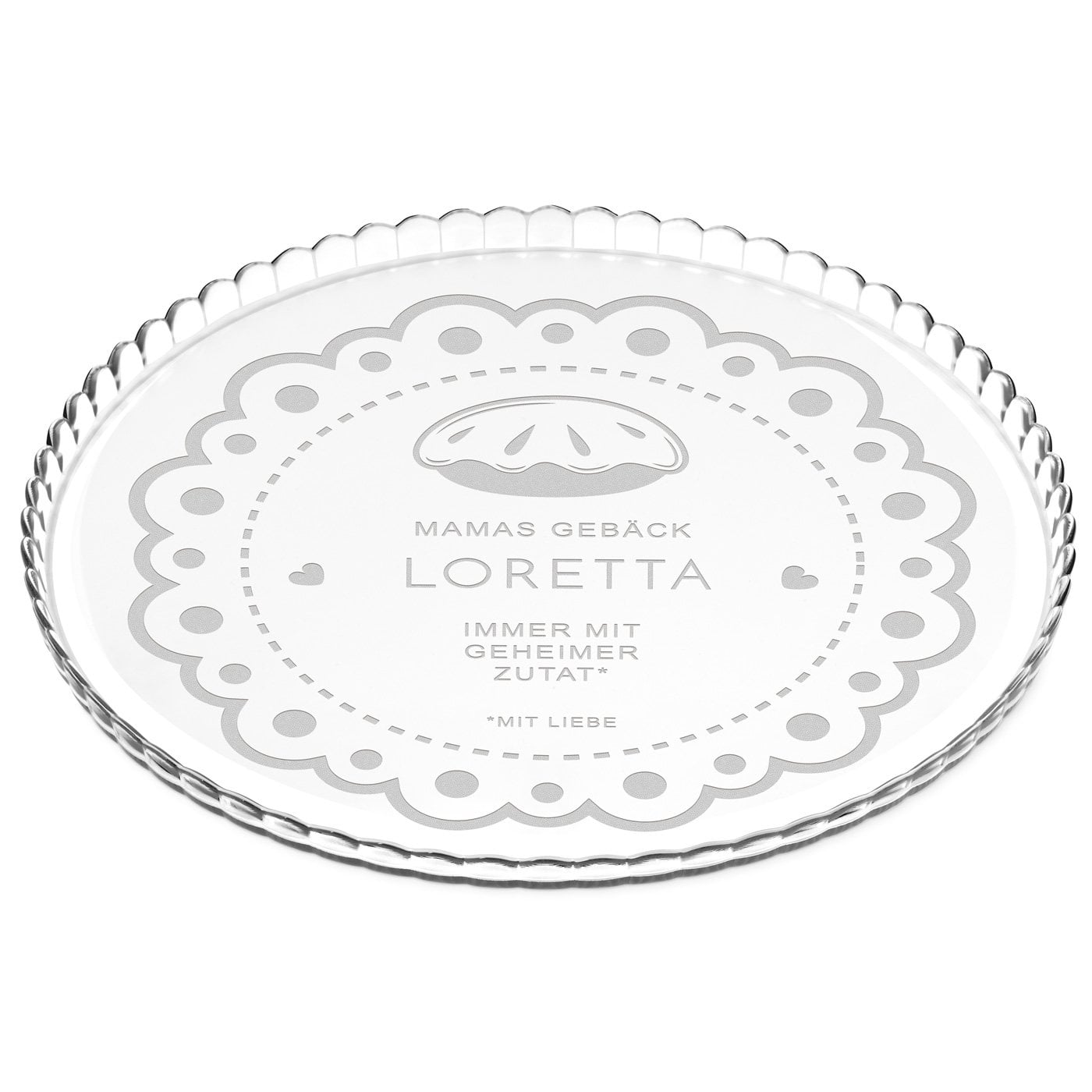 Glas Servierplatte mit Gravur für Torten und Kuchen geheime Zutat Liebe für Mutti