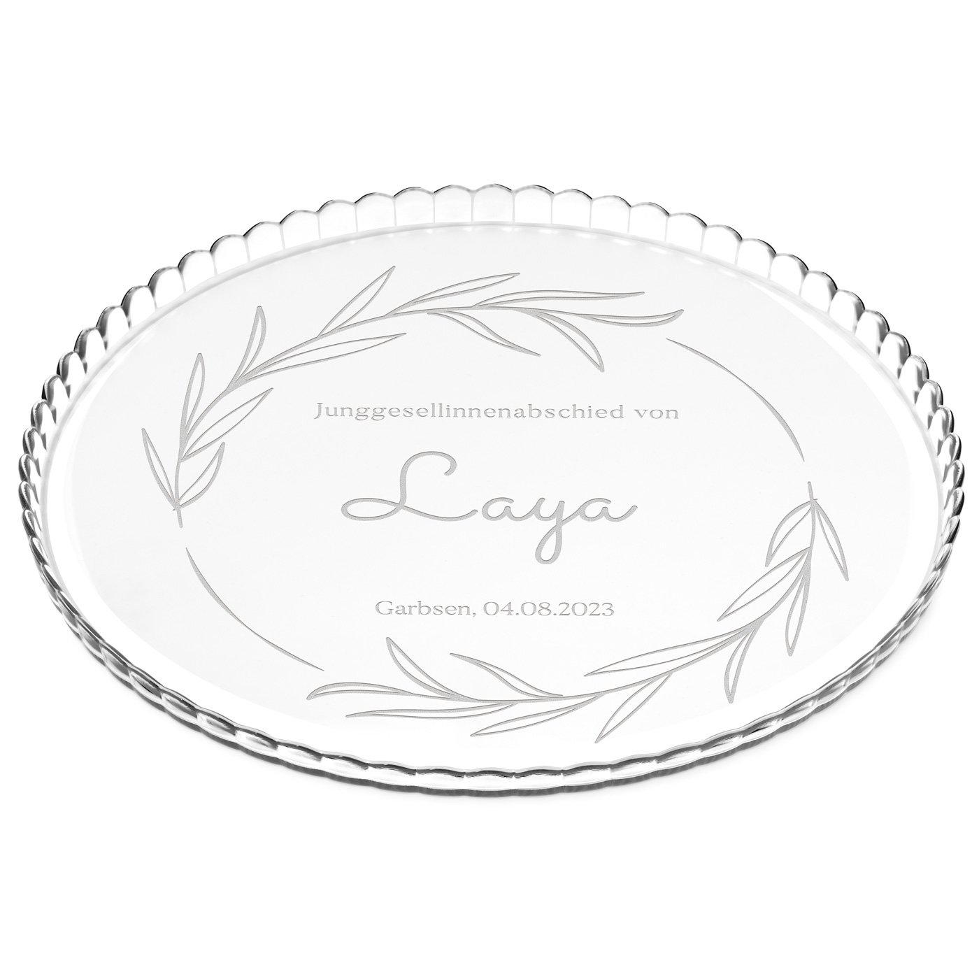 Glas Servierplatte mit Gravur für Torten und Kuchen für sie zum Junggesellinnenabschied