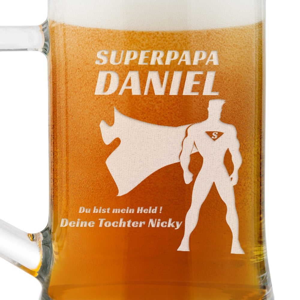 Bierkrug aus Glas mit Gravur für Ihren Vater, einen Filmfan