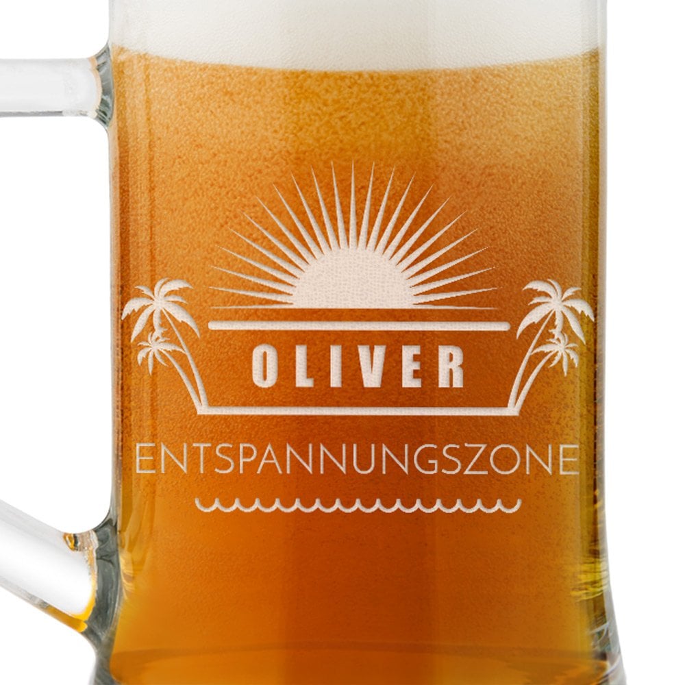 Bierkrug aus Glas mit Gravur für einen Rentner zum Jubiläum