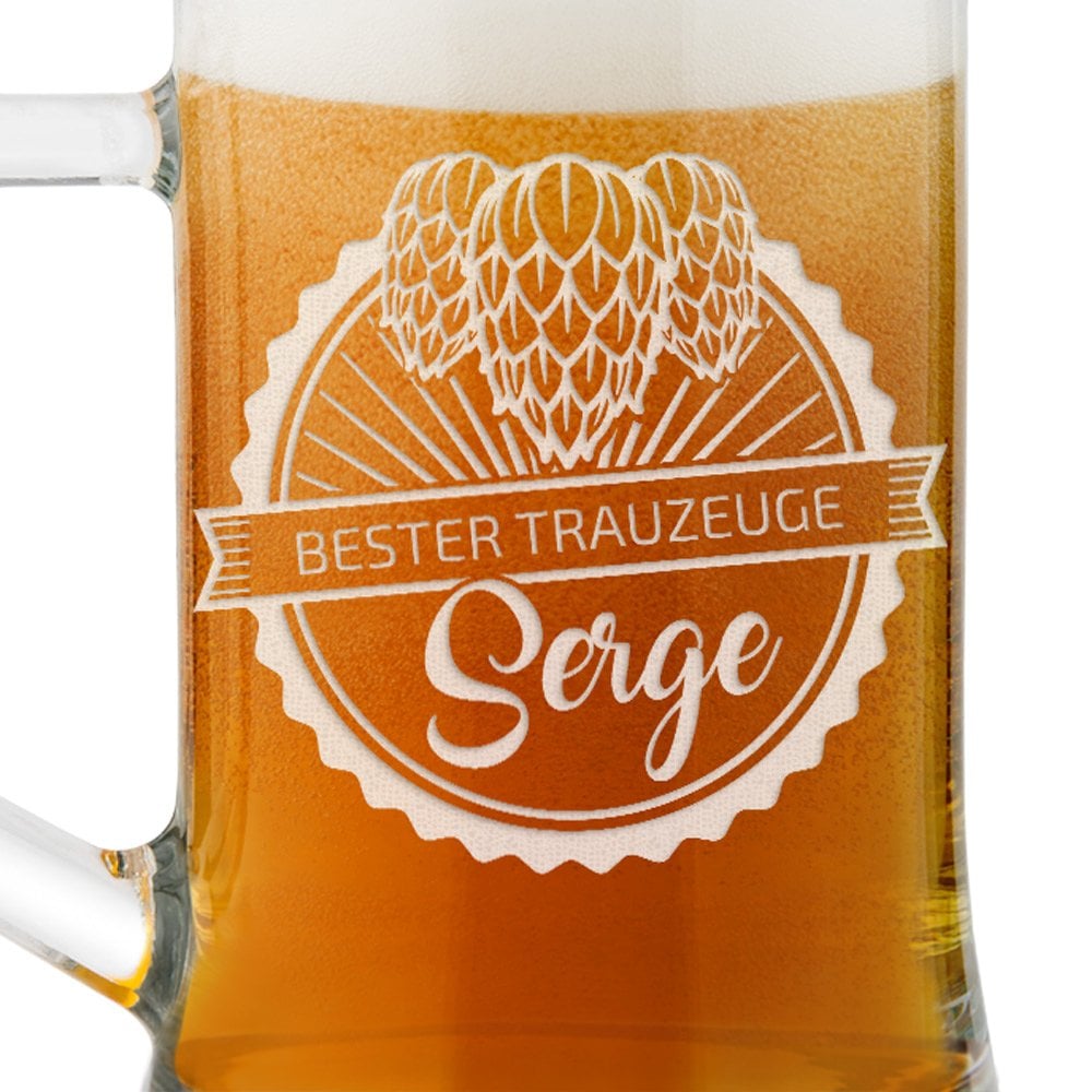 Bierkrug aus Glas mit Gravur für Ihren Trauzeugen