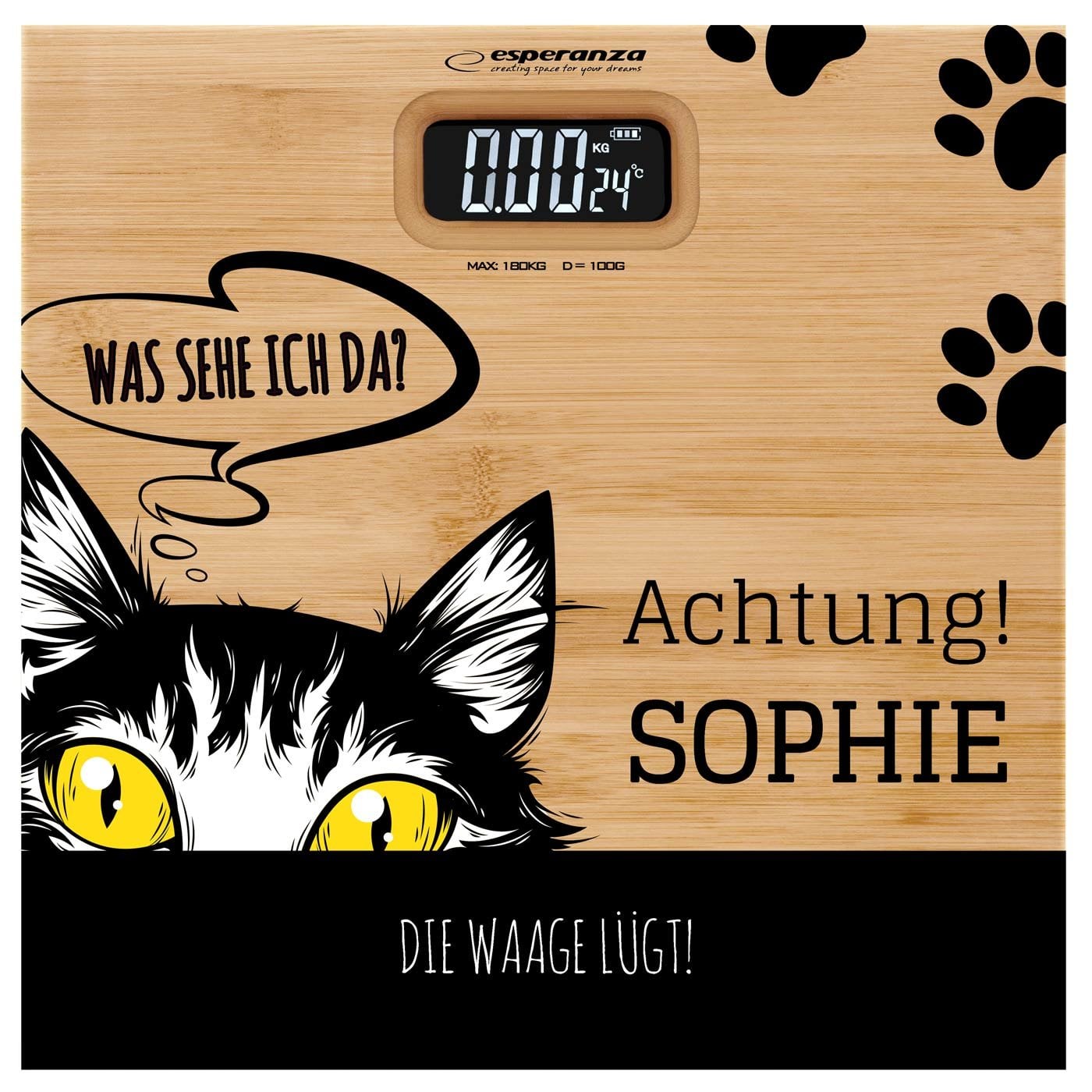 Digitale Personenwaage aus Bambus mit Aufdruck für eine Katzenliebhaberin zum Geburtstag