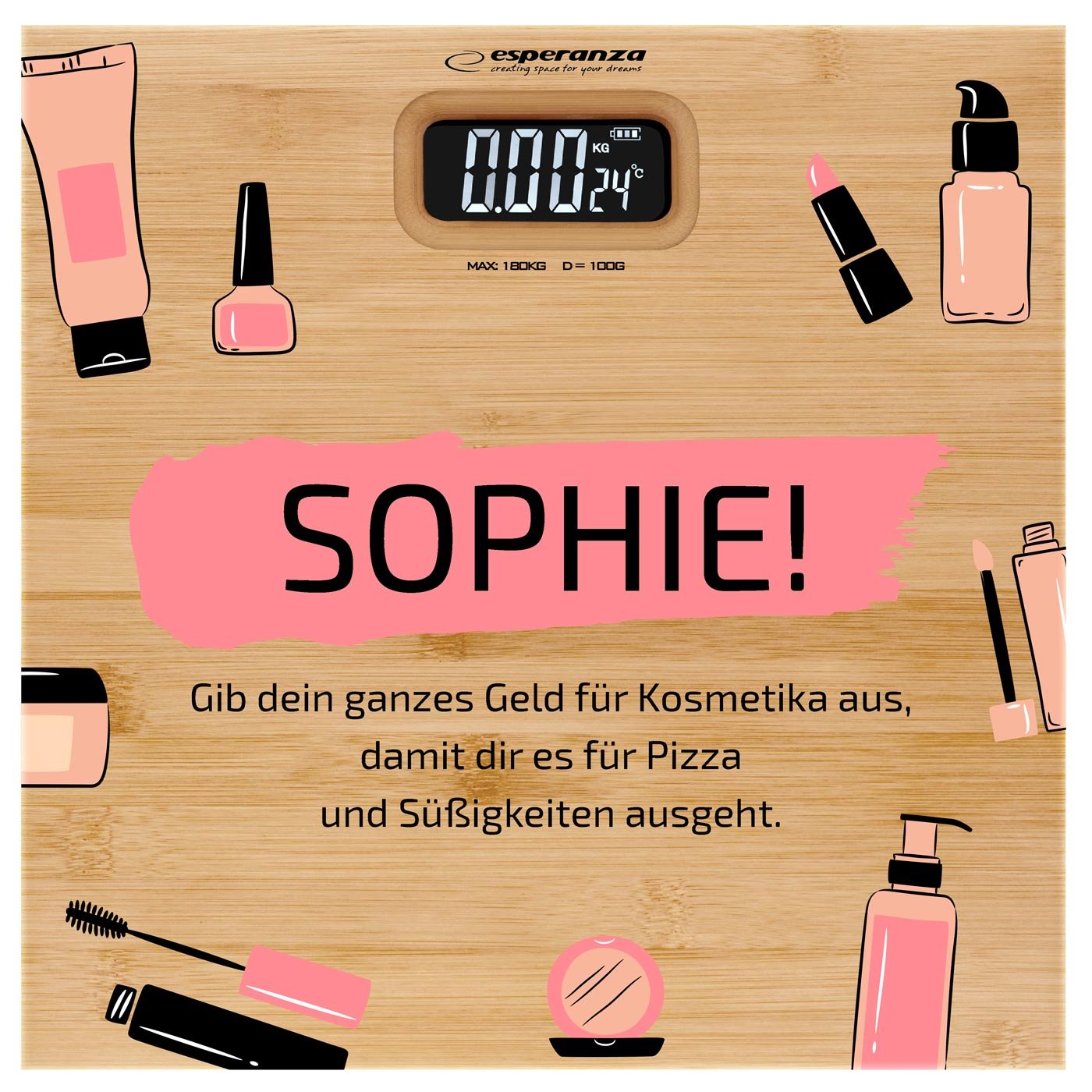 Digitale Personenwaage aus Bambus mit Aufdruck für eine Schönheitsberaterin zum Frauentag