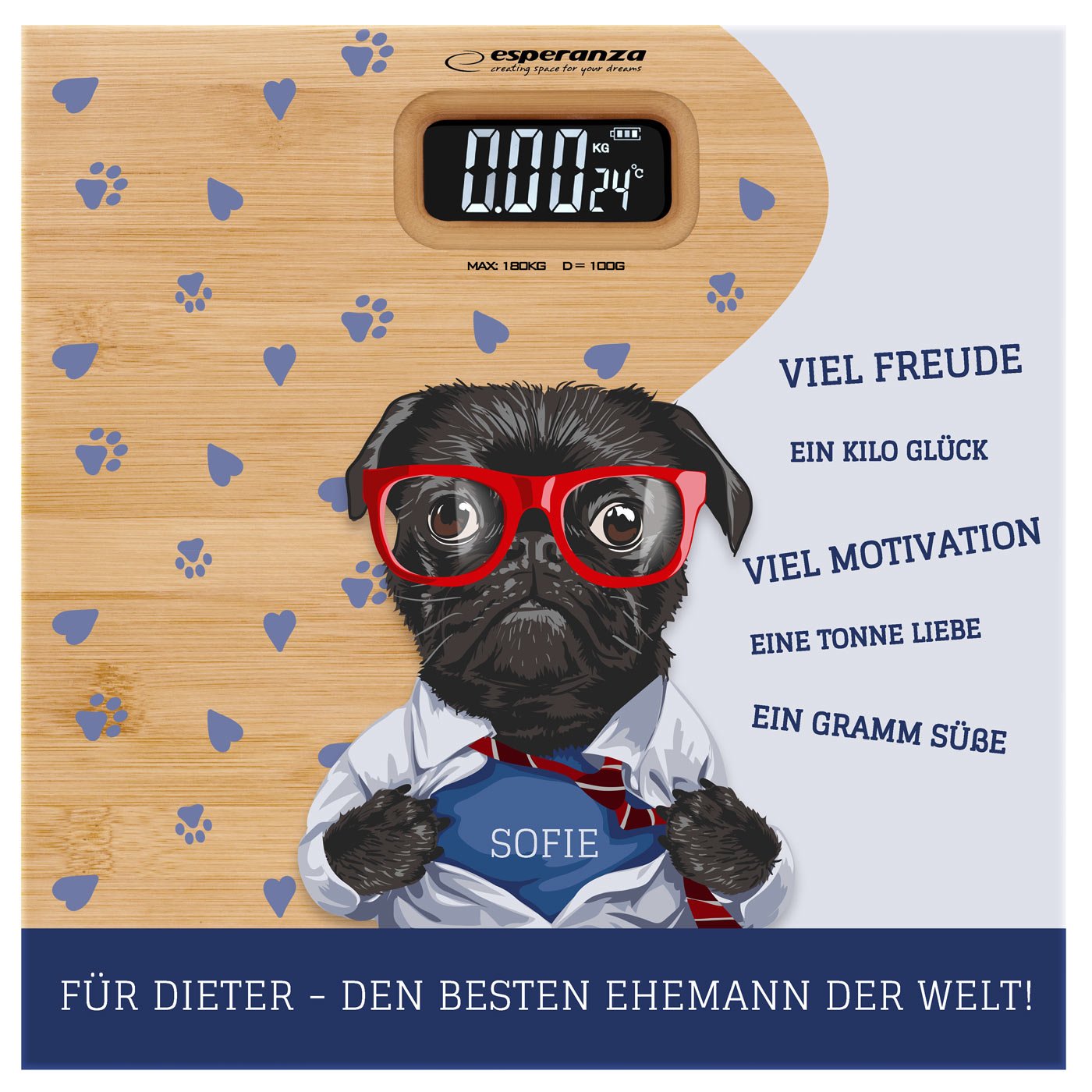 Digitale Personenwaage aus Bambus mit Aufdruck für Ihren Ehemann zum Geburtstag