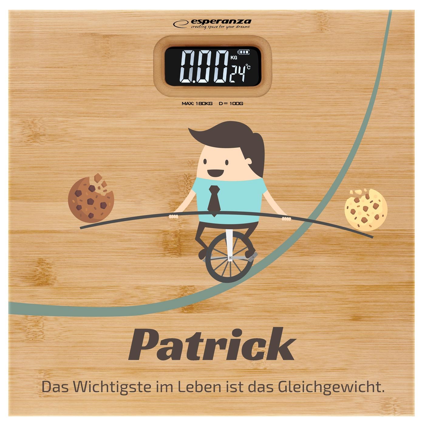 Digitale Personenwaage aus Bambus mit Aufdruck für einen Künstler zum Geburtstag, Arbeitsjubiläum
