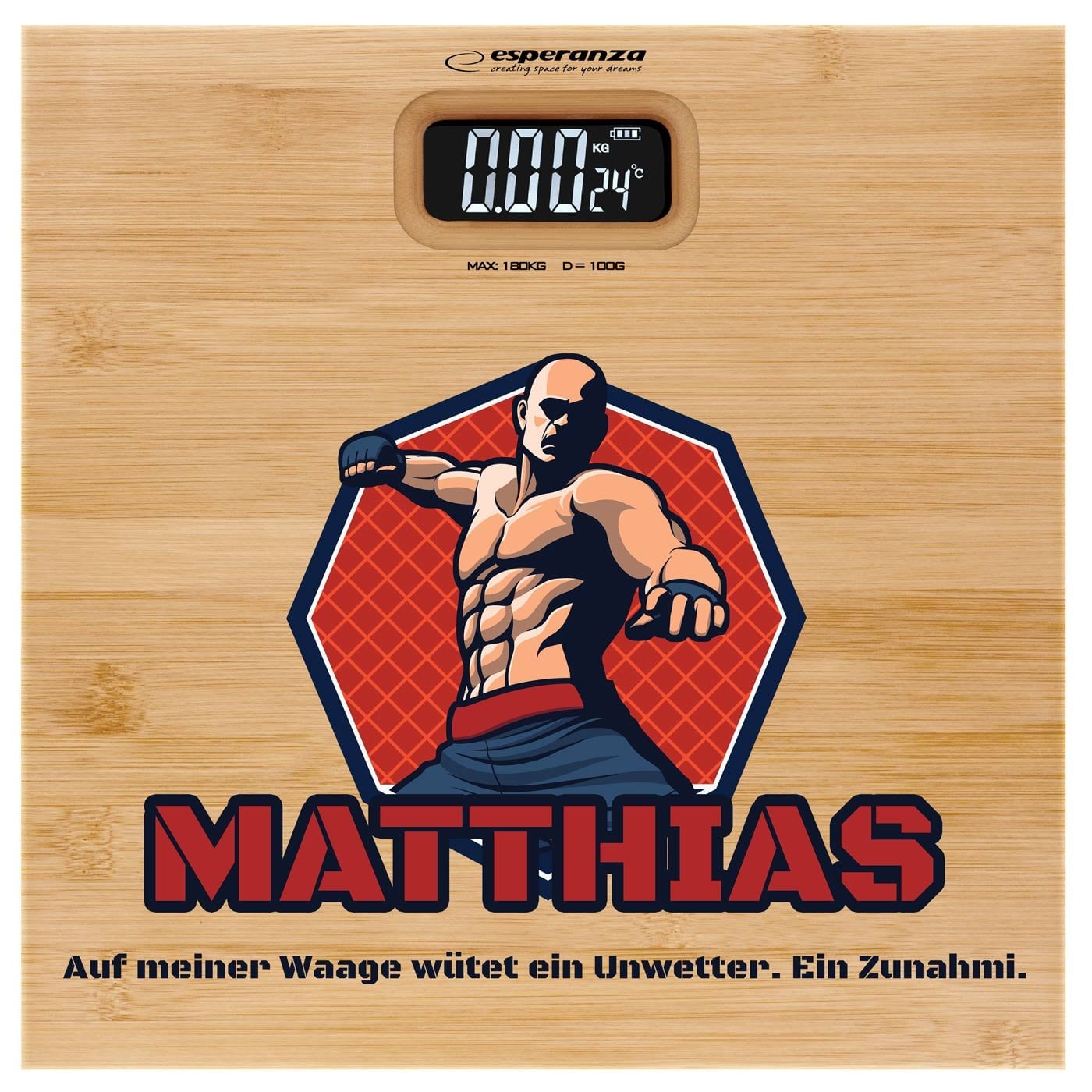 Digitale Personenwaage aus Bambus mit Aufdruck für einen Strength-Training-Fan zum Geburtstag